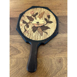 Wooden Marquetry Octagonal Beveled Vanity Hand Mirror with Floral Inlay 13"x9"